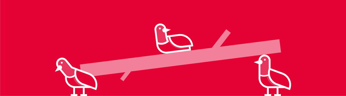 Red illustration of 2 pigeons carrying a large log. One pigeon has the log balanced on his head