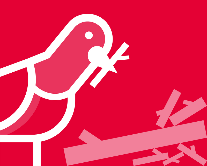 Red illustration of a pigeon placing a twig onto a larger pile of twigs