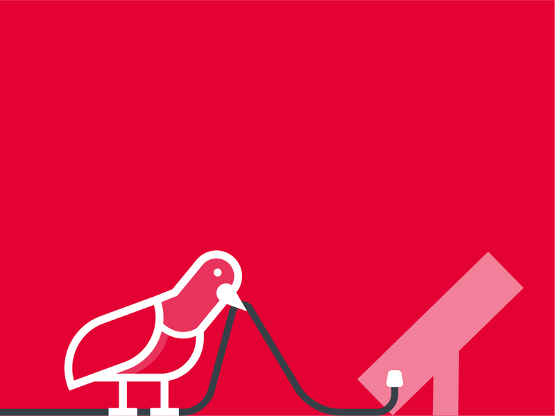 Red illustration of a pigeon removing a plug from a plug socket