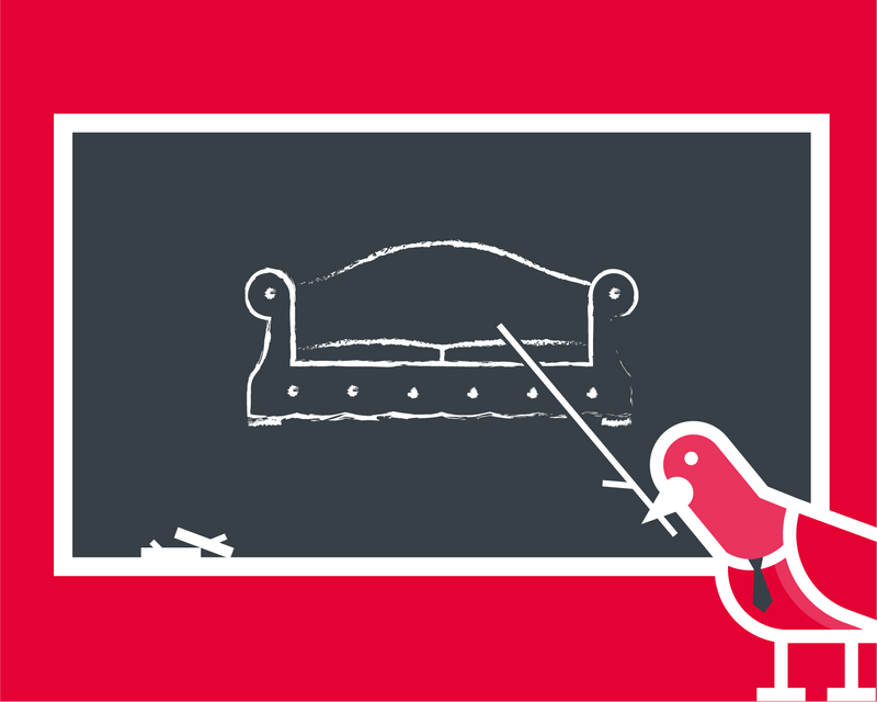 Home Aid brand illustration of pigeon teacher pointing at a blackboard showing an image of a sofa