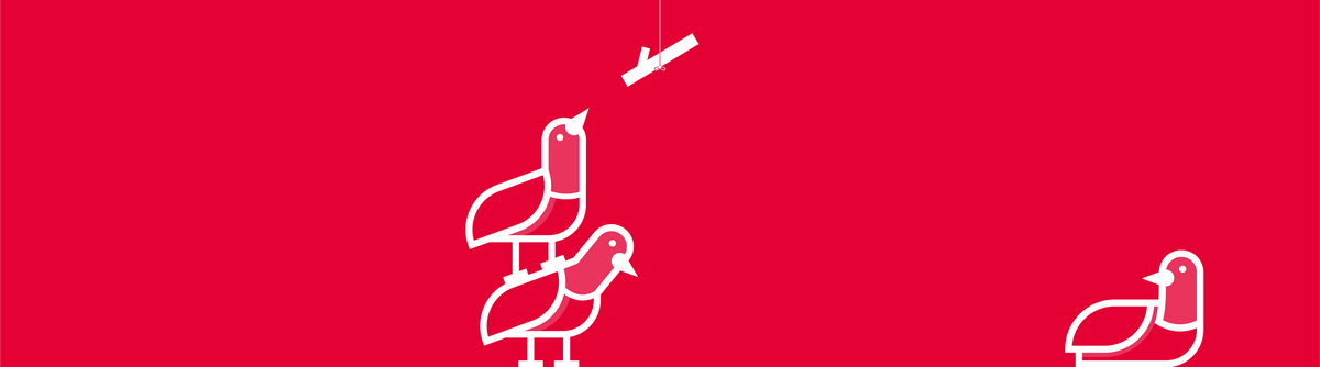 Home Aid brand illustration of one pigeon assisting another pigeon reach a hanging twig while another pigeon watches