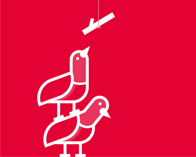 Home Aid brand illustration of one pigeon assisting another pigeon reach a hanging twig