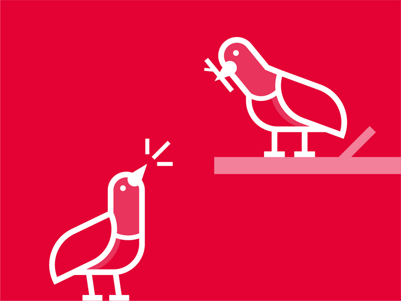 Red illustration of a pigeon talking to another pigeon standing on a branch
