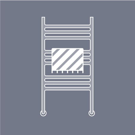 Grey illustration of a heated towel rail and a striped towel hanging from it