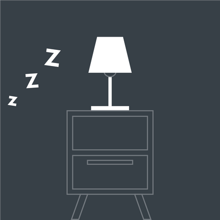 Dark grey illustration of a bedside table with a lamp on top and "zzz" entering from the side